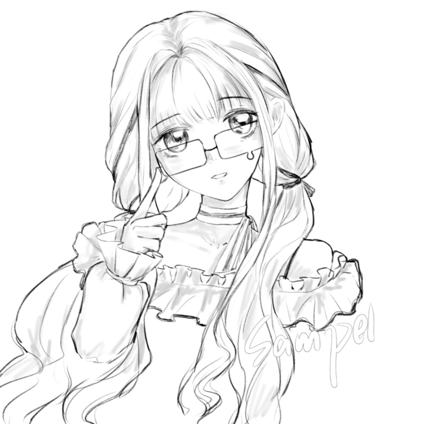 1girl, bare_shoulders, bespectacled, blunt_bangs, bow, bow_choker, bowtie, bra_strap