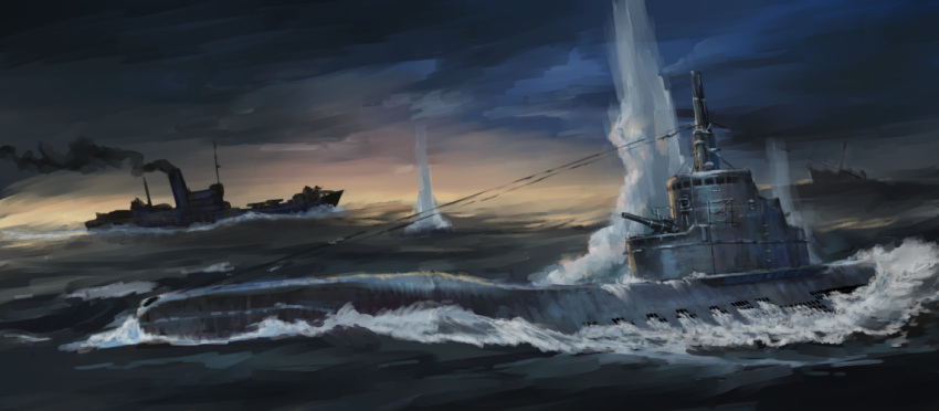 abe_yasushi_(umizoi_tibet), battle, clouds, cloudy_sky, horizon, k-3_(submarine), naval_battle, no_humans