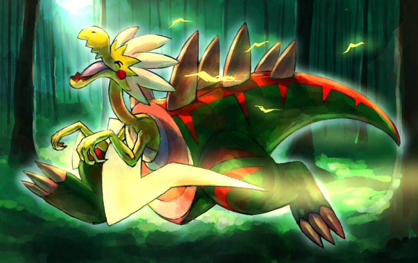 animal_focus, claws, closed_eyes, commentary_request, dracozolt, electricity, forest, full_body