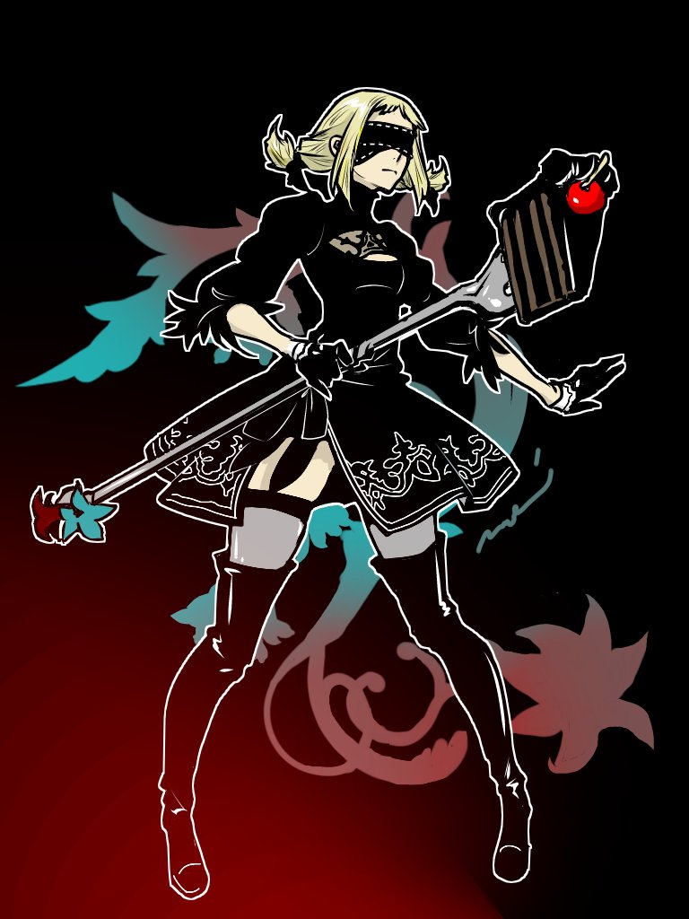 1girl, 2b_(nier:automata), 2b_(nier:automata)_(cosplay), black_blindfold, black_dress, black_gloves, black_thighhighs, blindfold, blonde_hair, braid, cleavage_cutout, clothing_cutout, cosplay, covered_eyes, dress, final_fantasy, final_fantasy_xii, full_body, gloves, long_hair, long_sleeves, mochi_(hanamaruudondesu), penelo, puffy_sleeves, solo, thigh-highs, twin_braids, twintails, weapon