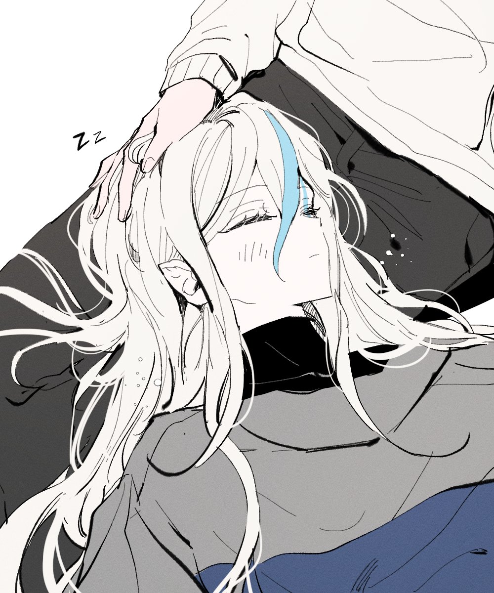 1boy, 1girl, black_pants, closed_eyes, facial_mark, hand_on_another's_head, highres, hood