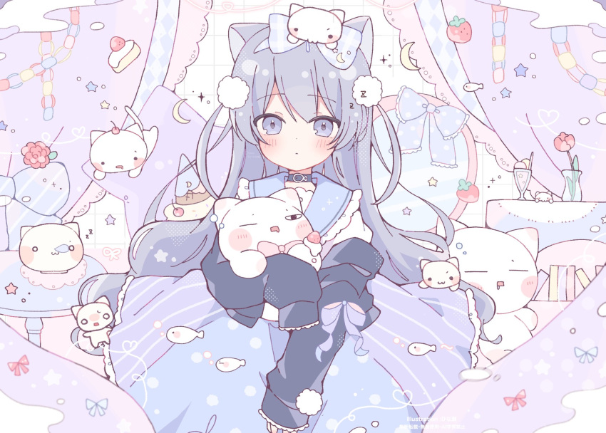 1girl, animal, animal_ears, bedroom, blue_dress, blush, bow, cat, cat_ears, cat_girl, collar, dot_nose, dress, floral_background, food, hair_ornament, highres, hinase01, holding, holding_animal, holding_cat, indoors, long_hair, long_sleeves, looking_at_viewer, original, pastel_colors, puffy_long_sleeves, puffy_sleeves, purple_eyes, purple_hair, solo, stuffed_toy, violet_eyes