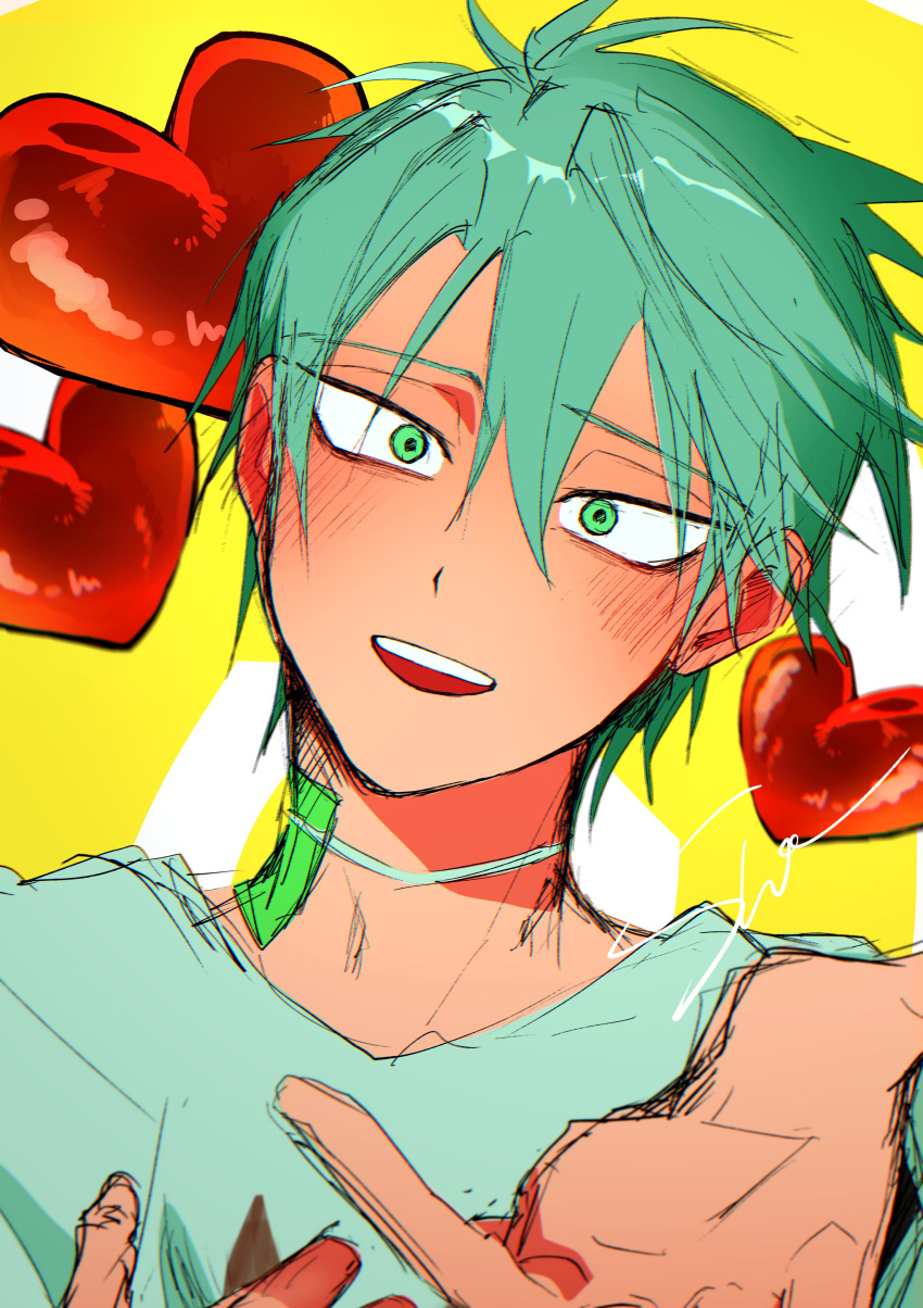 1boy, absurdres, alien_stage, choker, commentary_request, green_eyes, grey_hair, heart