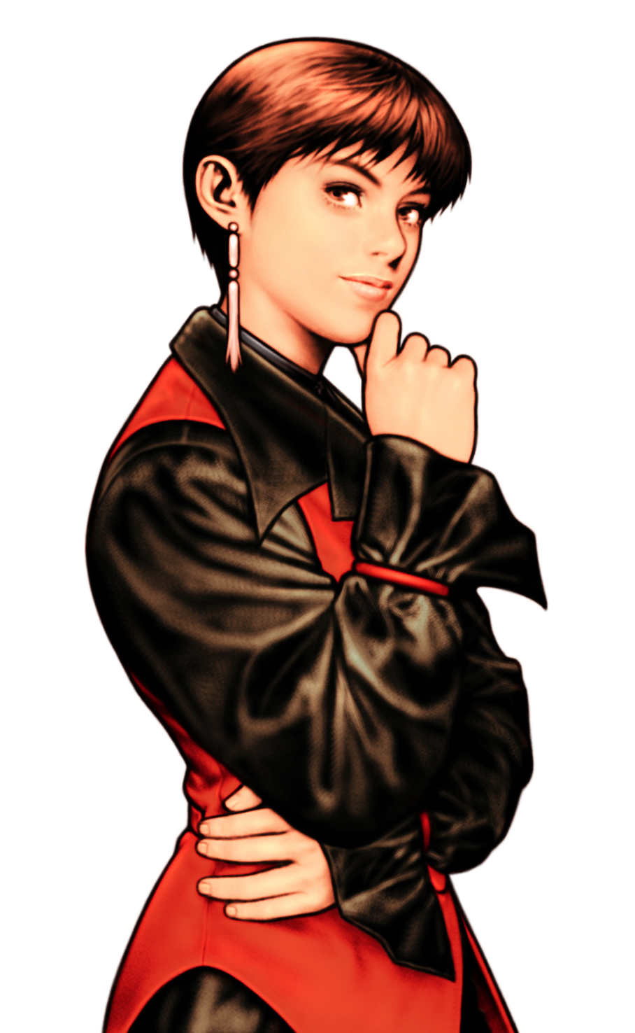 1girl, brown_hair, capcom_vs_snk, capcom_vs_snk_2, earrings, from_side, game_cg, hand_on_own_chin