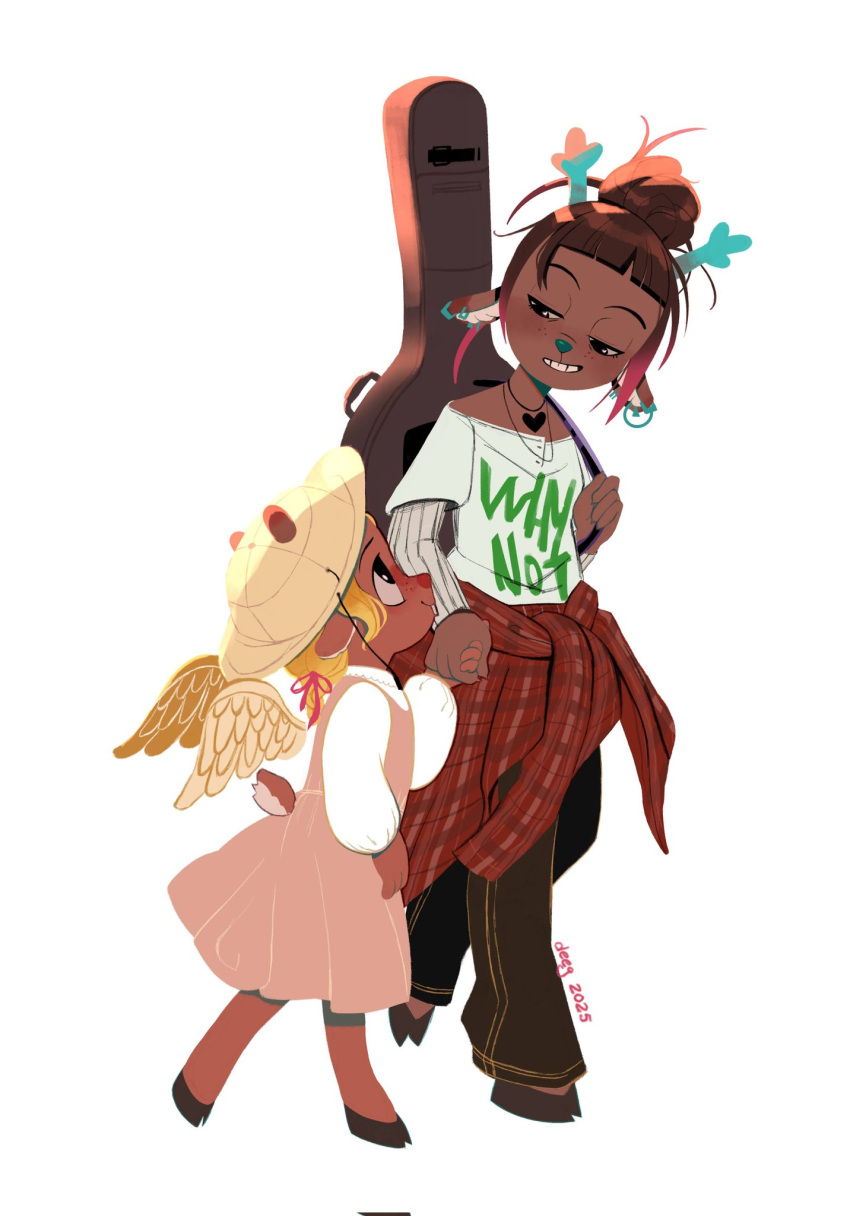 2025, 2girls, aged_down, animal_ears, antlers, black_pants, blonde_hair, brown_hair