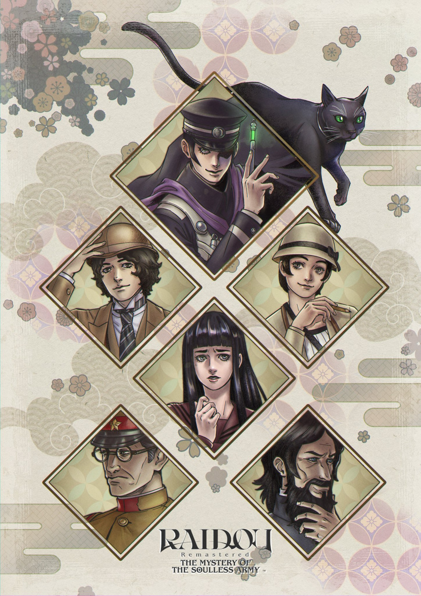 2girls, 4boys, animal, arm_up, asakura_tae, beard, belt, black_bow, black_cat, black_cloak, black_hair, black_hat, black_jacket, black_necktie, blue_eyes, blunt_bangs, bow, bowler_hat, brown_eyes, brown_hat, brown_jacket, buttons, cape, cat, cloak, closed_mouth, collared_jacket, collared_shirt, commentary, connected_beard, copyright_name, curly_hair, daidoji_kaya, devil_summoner:_raidou_kuzunoha_vs_the_soulless_army, devil_summoner_(series), diamond_(shape), egasumi, english_commentary, facial_hair, fingernails, floating_cape, gouto, green_eyes, grey_hair, hand_up, hat, hat_bow, high_collar, highres, hime_cut, holding, holding_pencil, jacket, kazuma_kaneko_(style), kuzunoha_raidou, lapels, long_hair, long_sidelocks, long_sleeves, looking_at_viewer, looking_to_the_side, medium_hair, military_uniform, multiple_boys, multiple_girls, munakata_(devil_summoner), mustache, narumi_shouhei, necktie, one_eye_in_shadow, open_mouth, parted_bangs, peaked_cap, pencil, purple_cape, rasputin_(devil_summoner), red_sailor_collar, round_eyewear, sailor_collar, sakuramon, shako_cap, shirt, short_hair, sideburns, sidelocks, smile, star_(symbol), stella_violari, strap, striped_necktie, stroking_beard, suit_jacket, white_belt, white_shirt, wingtip_collar, xiangyun