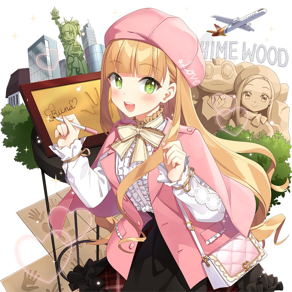 1girl, aircraft, airplane, black_skirt, blonde_hair, blunt_bangs, bow, bowtie, building, coat, frilled_shirt, frilled_sleeves, frills, green_eyes, hat, holding, holding_pen, jet_airliner, lina_princella, long_hair, long_sleeves, open_mouth, pen, pink_coat, pink_hat, salt_(salty), shirt, skirt, uchi_no_hime-sama_ga_ichiban_kawaii, very_long_hair, white_bag, white_bow, white_bowtie, white_shirt