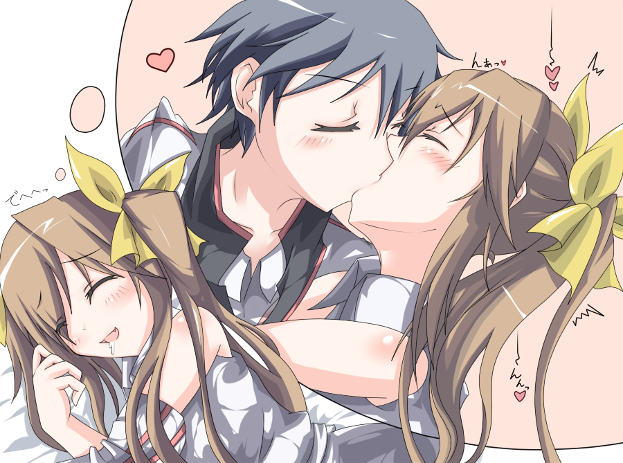 blush, brown_hair, closed_eyes, detached_sleeves, dreaming, drooling, eyes_closed, guunome