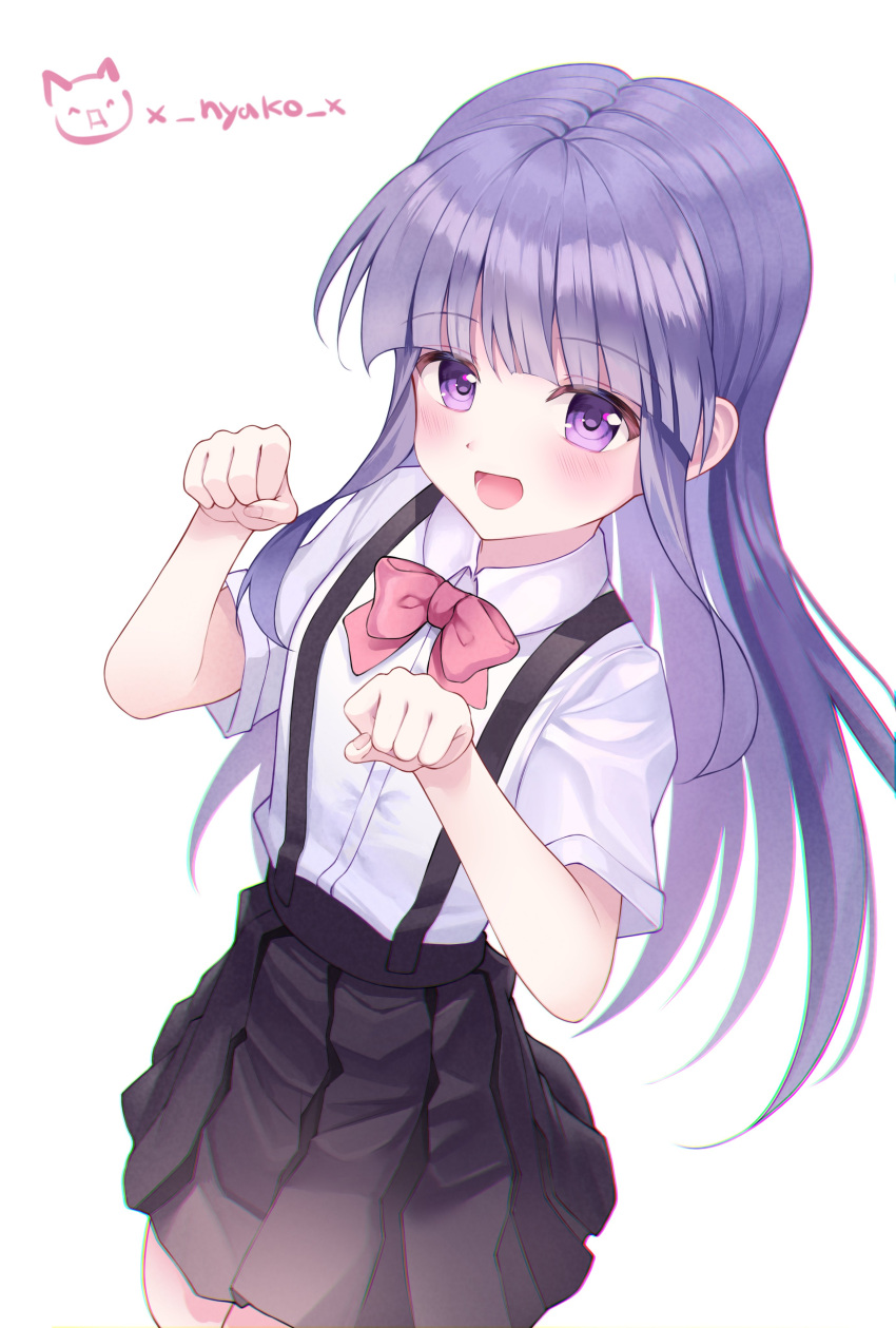 1girl, :d, absurdres, artist_name, black_skirt, blunt_bangs, blush, bow, bowtie, collared_shirt, commentary, cowboy_shot, furude_rika, hashtag-only_commentary, highres, higurashi_no_naku_koro_ni, long_hair, looking_at_viewer, nyako_(x_nyako_x), open_mouth, paw_pose, pleated_skirt, purple_hair, red_bow, red_bowtie, shirt, short_hair, short_sleeves, simple_background, skirt, smile, solo, standing, suspender_skirt, suspenders, symbol-only_commentary, very_long_hair, violet_eyes, white_background, white_shirt