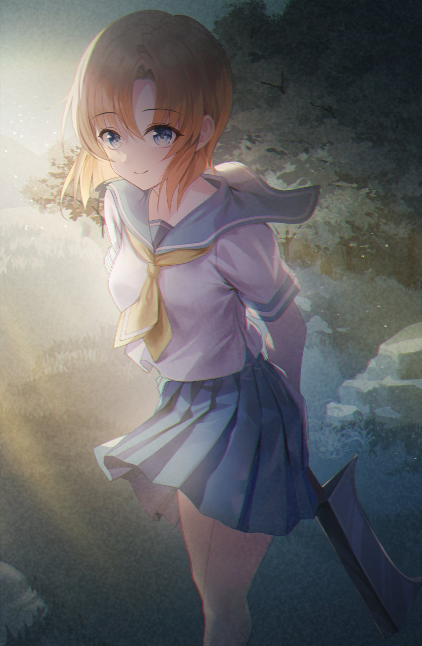 1girl, absurdres, arms_behind_back, backlighting, blue_eyes, blue_sailor_collar, blue_skirt, closed_mouth
