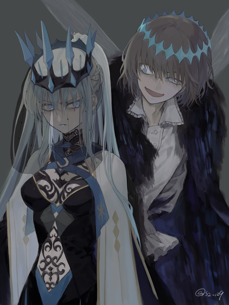 1boy, 1girl, artist_name, black_dress, black_hair, blue_eyes, braid, commentary