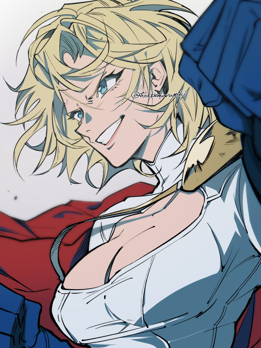 1girl, artist_name, blonde_hair, blue_eyes, blue_gloves, breasts, cape, cleavage_cutout