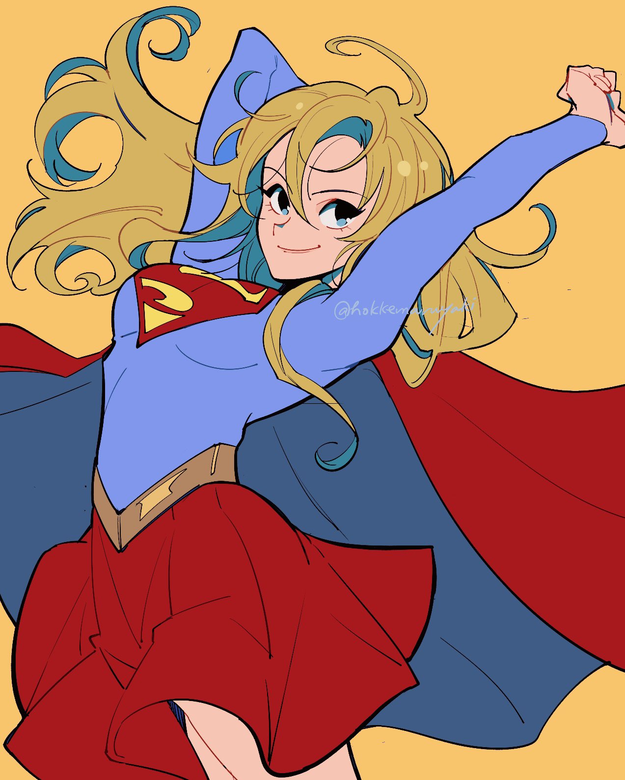 1girl, artist_name, blonde_hair, cape, dc_comics, highres, hokkemaruyaki, kara_danvers, red_cape, signature, skirt, solo, supergirl, superhero_costume, superman_(series), superman_logo, twitter_username