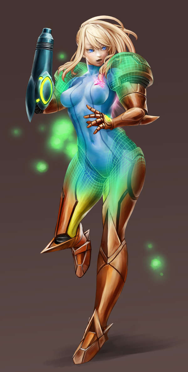 arm_cannon, blonde_hair, blue_eyes, bodysuit, breasts, hips, leg_lift, leg_up