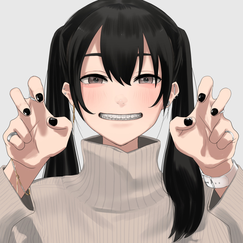 1girl, black_nails, blush, braces, brown_eyes, hands_up, highres, jewelry