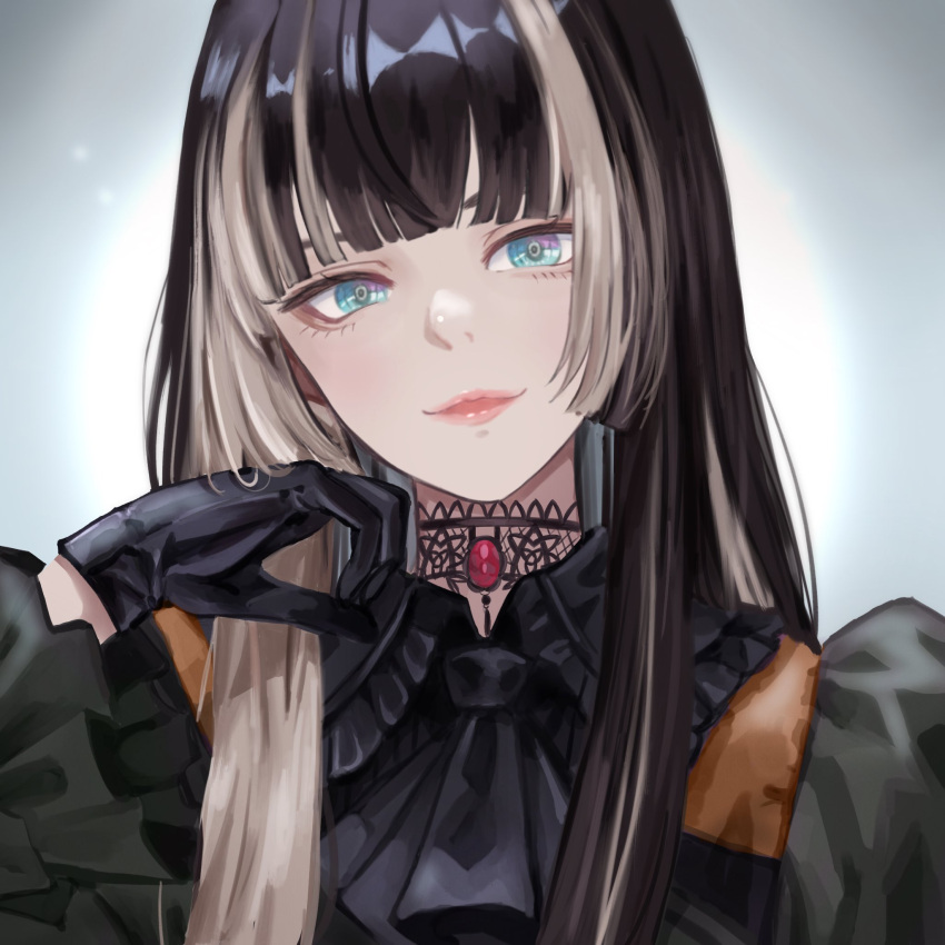 1girl, ascot, black_ascot, black_choker, black_gloves, black_hair, blue_eyes, blunt_bangs, brooch, choker, dhbwinner, dress, gem, gloves, gradient_background, green_dress, highres, hololive, hololive_dev_is, jewelry, juufuutei_raden, juufuutei_raden_(1st_costume), lace, lace_choker, long_hair, looking_at_viewer, multicolored_eyes, multicolored_hair, pink_lips, portrait, red_gemstone, solo, streaked_hair, two-tone_dress, virtual_youtuber, white_streaks