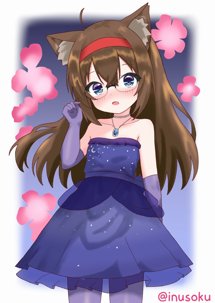 1girl, animal_ears, blue_archive, blush, brown_hair, cosplay, fox_ears, glasses, hachi_peashy, headband, highres, hina_(blue_archive), hina_(blue_archive)_(cosplay), hina_(dress)_(blue_archive), inusoku, long_hair, red_headband, virtual_youtuber