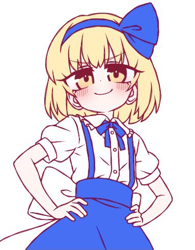 1girl, alice_margatroid, alice_margatroid_(pc-98), blonde_hair, blue_bow, blue_bowtie, blue_hairband, blue_shirt