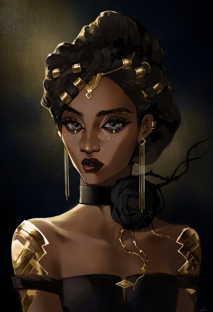 1girl, arcane:_league_of_legends, black_choker, black_hair, breasts, choker, dark-skinned_female, dark_skin