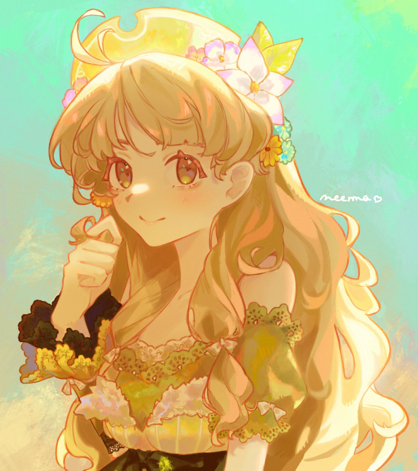 1girl, aqua_background, artist_name, atelier_(series), atelier_ayesha, ayesha_altugle, blonde_hair, closed_mouth, commentary, dress, flower, hair_flower, hair_ornament, highres, long_hair, looking_at_viewer, neema_(oneemasan), pink_flower, smile, solo, upper_body