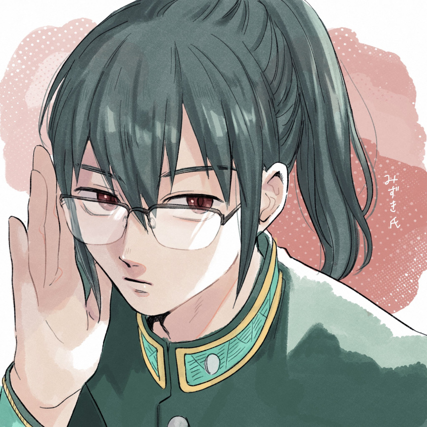 brown_eyes, closed_mouth, collared_jacket, glasses, green_hair, green_jacket, hand_up, highres, jacket, long_hair, long_sleeves, looking_at_viewer, mizuki_saku, ponytail, serious, shirt, white_background, white_shirt, wind_breaker_(nii_satoru), yurugi_m