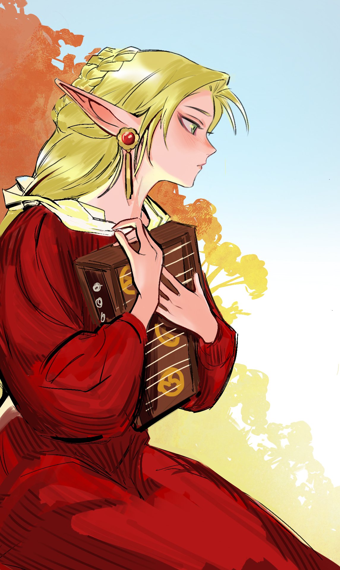 1girl, blonde_hair, book, commentary, deedlit, dress, earrings, elf, english_commentary, green_eyes, highres, holding, holding_book, jewelry, long_hair, long_pointy_ears, olivetart, outdoors, pointy_ears, record_of_lodoss_war, red_dress, solo