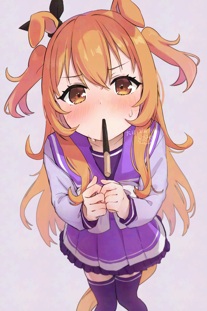 1girl, animal_ears, blush, bow, breasts, collarbone, commentary_request, food, food_in_mouth, from_above, hair_between_eyes, hair_ornament, holding, holding_food, horse_ears, horse_girl, horse_tail, incoming_pocky_kiss, long_hair, long_sleeves, looking_at_viewer, mayano_top_gun_(umamusume), orange_eyes, orange_hair, pleated_skirt, pocky, pocky_day, potarou_pomi, purple_shirt, purple_skirt, purple_thighhighs, sailor_collar, school_uniform, shirt, simple_background, skirt, small_breasts, solo, sweat, tail, thigh-highs, tracen_school_uniform, twiddling_fingers, twitter_username, two_side_up, umamusume, white_background