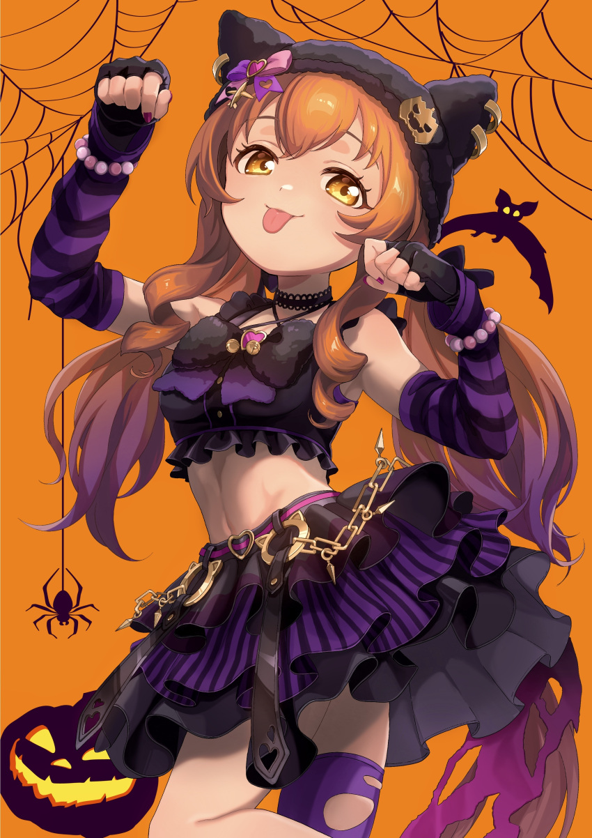 1girl, :p, absurdres, alternate_costume, animal_ear_headwear, animal_earrings, animal_ears, animal_print, arm_warmers, bat_print, bead_bracelet, beads, black_bow, black_choker, black_gloves, black_shirt, bow, bracelet, breasts, brown_hair, bug, choker, commentary_request, crop_top, curly_sidelocks, detached_sleeves, emo_fashion, fingerless_gloves, food-themed_hair_ornament, gloves, hair_ornament, halloween, halloween_costume, hat, heart_belt_buckle, highres, horse_ears, horse_girl, horse_tail, jewelry, long_hair, looking_at_viewer, low_twintails, mayano_top_gun_(rockin'_mewmeow)_(umamusume), mayano_top_gun_(umamusume), midriff, moko39_takasora, nail_polish, navel, official_alternate_costume, official_alternate_hairstyle, orange_background, orange_hair, paw_pose, pumpkin_hair_ornament, pumpkin_print, punk, purple_nails, purple_skirt, purple_sleeves, shirt, silk, simple_background, single_thighhigh, skirt, small_breasts, solo, spider, spider_print, spider_web, spider_web_print, striped_clothes, striped_gloves, striped_skirt, striped_sleeves, tail, thigh-highs, tongue, tongue_out, torn_clothes, twintails, umamusume, vertical-striped_clothes, vertical-striped_skirt, yellow_eyes