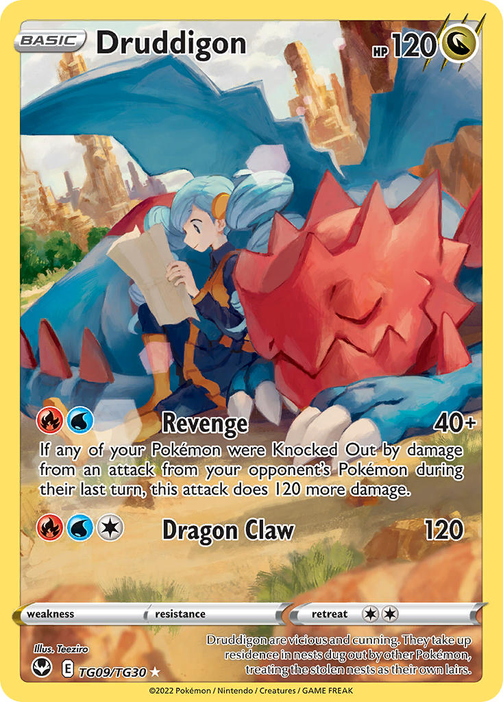 ace_trainer_(female)_(pokemon_bw), ace_trainer_(pokemon), artist_name, blue_eyes, blue_hair, boots, card_(medium), character_name, claws, closed_mouth, clouds, company_name, copyright_name, copyright_notice, dragon, dragon_wings, drill_hair, druddigon, english_text, grass, hair_ornament, holding, holding_map, long_sleeves, map, official_art, orange_boots, outdoors, pokemon, pokemon_(creature), pokemon_bw, pokemon_card, pokemon_tcg, rock, sitting, sky, sleeping, smile, teeziro, third-party_source, trading_card, twin_drills, twintails, wings