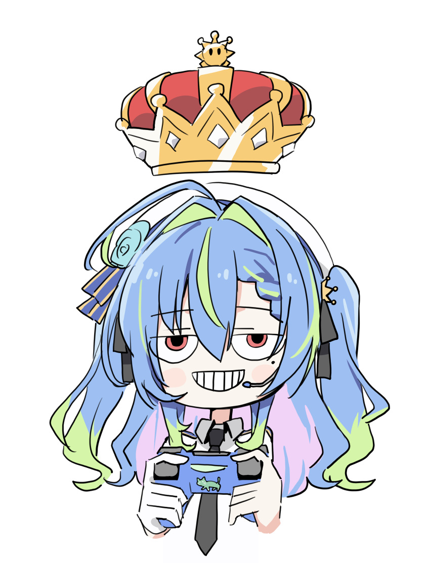 1girl, absurdres, ahoge, blue_hair, commentary_request, controller, crown, game_controller