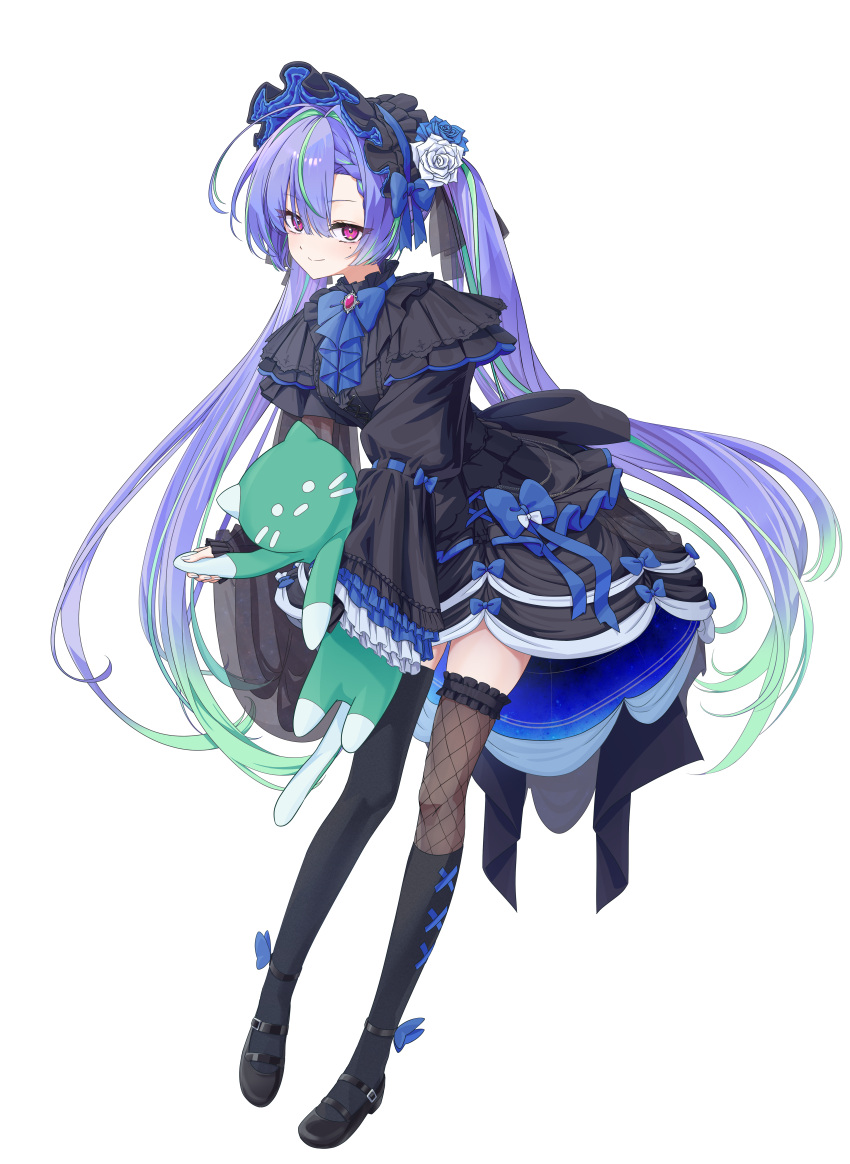 1girl, absurdres, alternate_costume, black_bonnet, black_dress, black_shoes, black_thighhighs, blue_bow