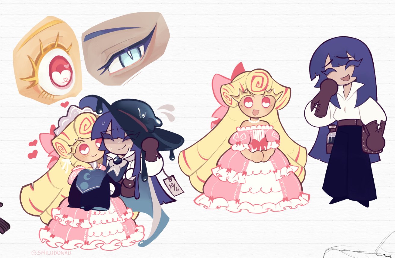 1boy, 1girl, blonde_hair, colored_eyelashes, cookie_run, cookie_run:_kingdom, curly_hair, dress, flipped_bangs, humanization, kouign-amann_cookie, long_hair, looking_at_viewer, multicolored_hair, open_mouth, pink_eyes, pink_hair, pink_streaks, prune_juice_cookie, sabotiiina, simple_background, smile, very_long_hair