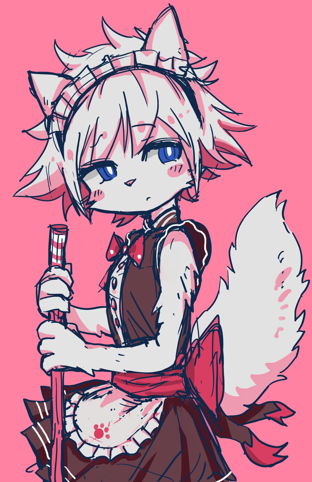 :<, alternate_costume, animal_ears, apron, back_ribbon, black_dress, blue_eyes, blush