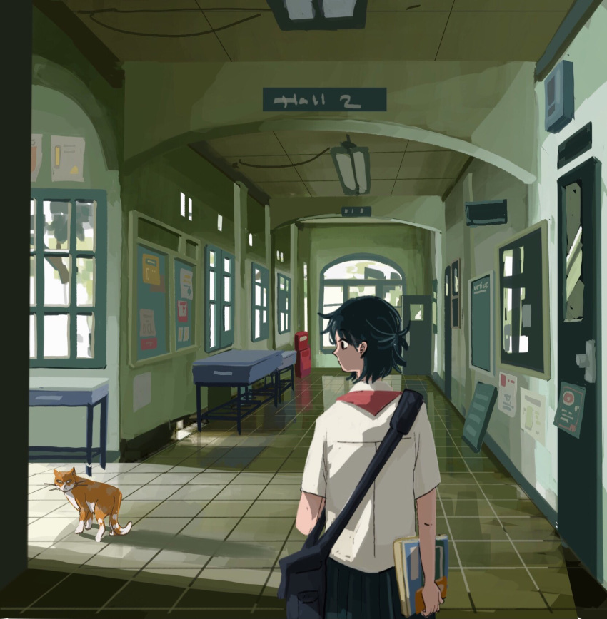1girl, back, black_bag, black_hair, black_skirt, book, cat, closed_mouth