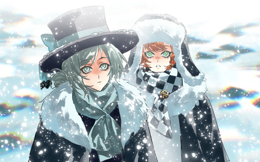 2girls, absurdres, black_coat, black_hat, blue_bow, blue_scarf, bow, checkered_clothes