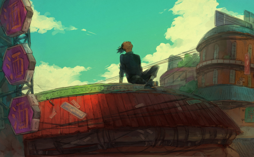 006_wa, 1boy, black_hair, black_pants, black_shirt, blue_sky, building, closed_mouth