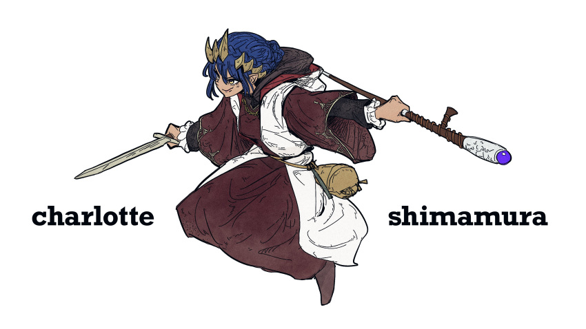 1girl, absurdres, asymmetrical_dual_wielding, blue_hair, brown_horns, brown_robe, character_name, closed_mouth