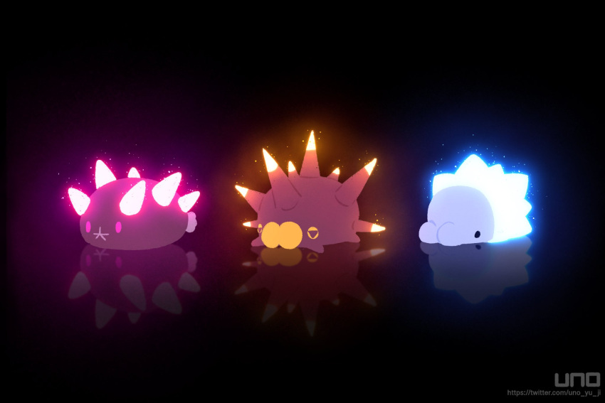 animal_focus, artist_name, bioluminescence, black_background, commentary_request, dark_background, full_body, glowing, highres, karasuno_yui, no_humans, pincurchin, pink_eyes, pokemon, pokemon_(creature), pokemon_focus, pyukumuku, reflection, snom, spikes, symbol-shaped_pupils, triangle-shaped_pupils, twitter_username, web_address, yellow_eyes