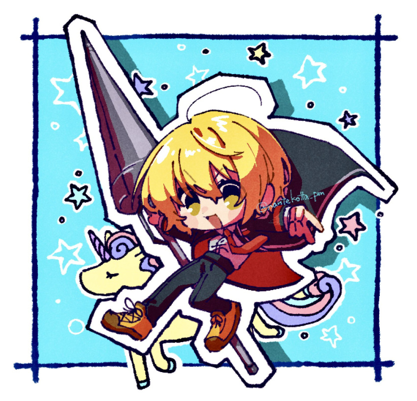 1girl, black_coat, black_pants, blonde_hair, blue_background, border, brown_shoes, coat