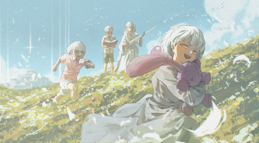 1girl, 3boys, anna_(tower_of_god), blue_sky, book, chasing, city, clouds, david_(tower_of_god), day, doll, dress, fleeing, grass, highres, hoaqin, holding, holding_book, holding_doll, holding_sword, holding_weapon, hugging_doll, hugging_object, kapxapius, long_hair, long_sleeves, multiple_boys, nature, open_book, petals, pink_shirt, reading, robe, running, scenery, shirt, short_hair, shorts, siblings, sky, smile, standing, stuffed_animal, stuffed_toy, sword, tower_of_god, vicente_(tower_of_god), weapon, white_dress, white_eyes, white_hair, white_robe, white_shirt, white_shorts, wind