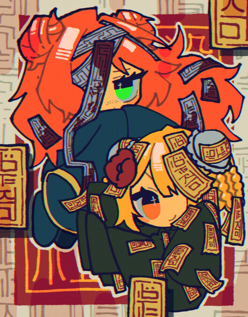 2girls, black_robe, blonde_hair, blue_robe, border, chibi, don_quixote_(project_moon), double_bun