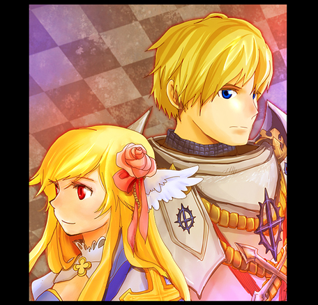 1boy, 1girl, arch_bishop_(ragnarok_online), armor, black_border, blonde_hair, blue_eyes, border