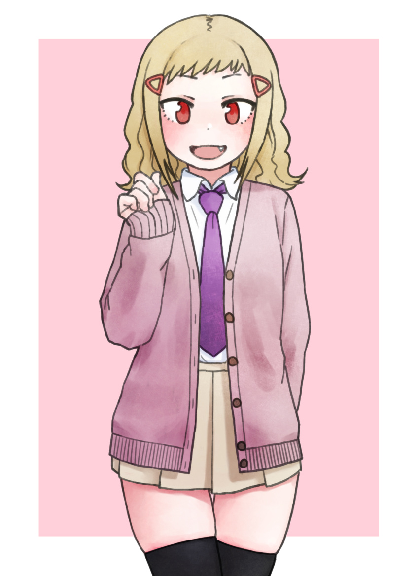 1girl, arm_behind_back, black_thighhighs, blonde_hair, cardigan, commentary_request, cowboy_shot, fang