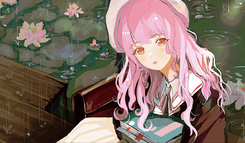 1girl, animal_print, bag, beret, berubetto, book, book_stack, bookmark, bow, bowtie, brown_bag, brown_eyes, brown_sweater, collared_shirt, cowboy_shot, day, dot_nose, eyelashes, flower, hat, highres, light_blush, long_hair, long_skirt, long_sleeves, lotus, nikki_(nikki), nikki_(series), on_bench, open_mouth, outdoors, petals, pink_flower, pink_hair, pleated_skirt, puddle, puffy_long_sleeves, puffy_sleeves, rabbit_print, rain, ripples, school_bag, school_uniform, shining_nikki, shirt, shirt_under_sweater, sitting, skirt, solo, sweater, wavy_hair, white_bow, white_bowtie, white_hat, white_shirt, white_skirt