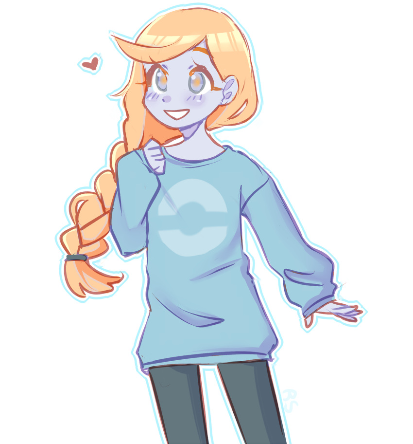 1girl, alternate_costume, blue_eyes, blue_outline, blue_skin, blue_sweater, braid, braided_ponytail