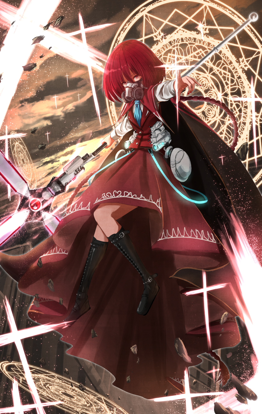 1girl, black_boots, blue_necktie, boots, capelet, cross, full_body, hair_between_eyes, highres, holding, holding_staff, knee_boots, latin_cross, long_braid, long_hair, long_sleeves, looking_at_viewer, magic_circle, mask, nail_polish, necktie, okazaki_yumemi, outdoors, pointing, pointing_at_viewer, red_capelet, red_eyes, red_hair, red_nails, red_skirt, red_vest, respirator, shirt, skirt, sky, solo, staff, teruteru12, touhou, very_long_hair, vest, white_shirt