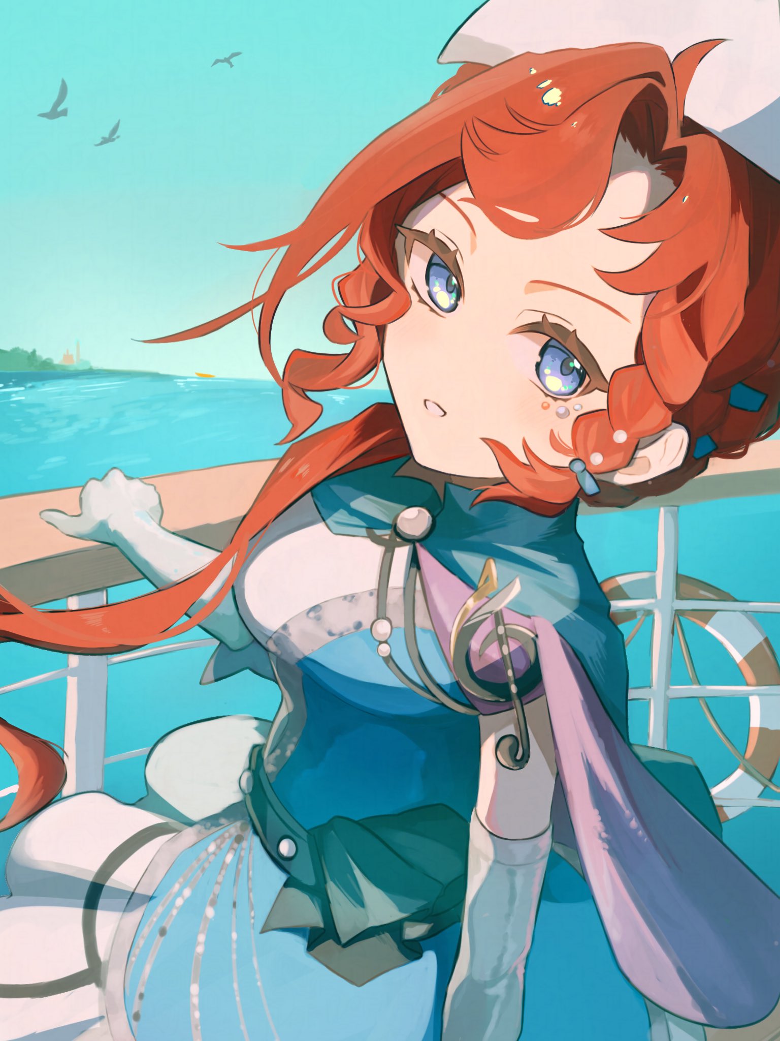 1girl, aisu_(ahono_ice), barcarola_(reverse:1999), blue_cape, blue_dress, blue_eyes, blue_sky, cape, day, dress, elbow_gloves, gloves, grey_gloves, hand_on_railing, hat, highres, lifebuoy, long_hair, looking_at_viewer, ocean, outdoors, parted_lips, reverse:1999, simple_bird, sky, solo, swim_ring, two-tone_dress, upper_body, white_dress, white_hat