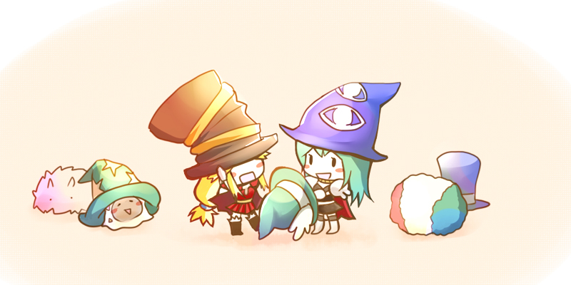 2girls, afro, black_boots, black_dress, blonde_hair, blue_hat, blush_stickers, boots