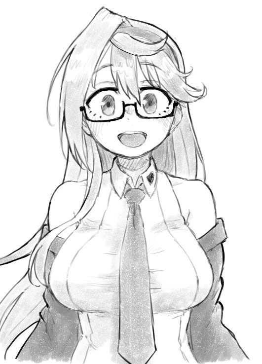 1girl, ahegao_w_peace_sensei, breasts, commentary_request, glasses, greyscale, jacket, large_breasts