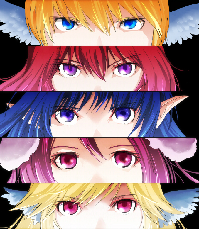 1boy, 4girls, black_background, blonde_hair, blue_eyes, commentary_request, eye_focus, hair_between_eyes